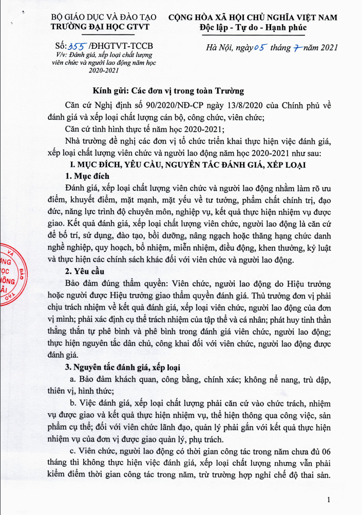 Đánh giá xếp loại chất lượng viên chức và người lao động năm học 2020-2021