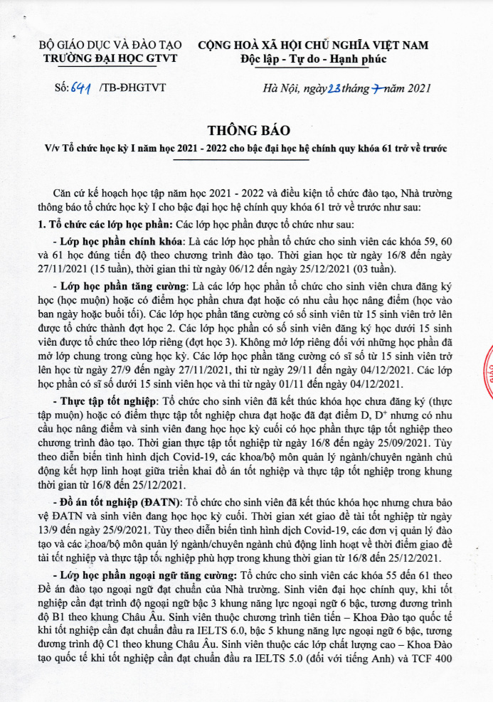 641/TB-ĐHGTVT về việc tổ chức học kỳ I năm học 2021-2022 cho bậc đại học hệ chính quy khóa 61 trở về trước