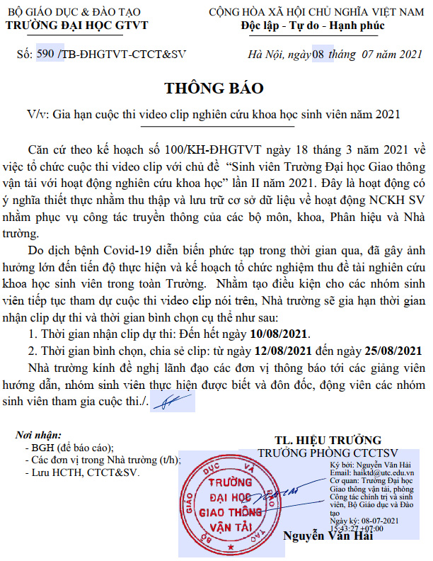 Gia hạn cuộc thi video clip nghiên cứu khoa học sinh viên năm 2021