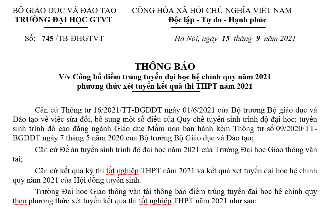 Điểm trúng tuyển hệ đại học chính quy năm 2021bằng phương thức xét tuyển kết quả thi THPT năm 2021