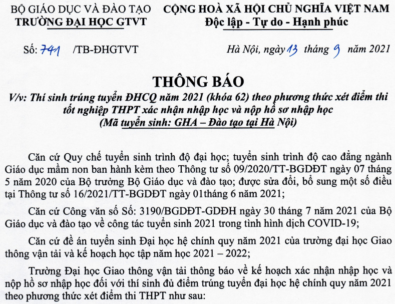 Thông báo xác nhận nhập học và thực hiện nộp hồ sơ nhập học