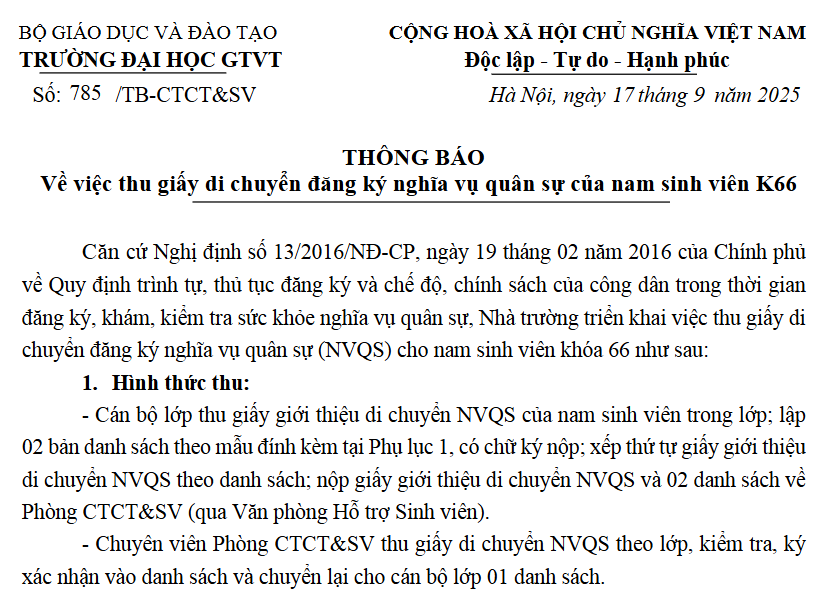 Thu giấy di chuyển đăng ký nghĩa vụ quân sự của nam sinh viên K66