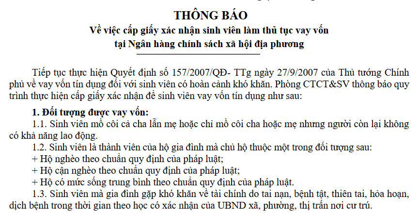 Cấp giấy xác nhận sinh viên làm thủ tục vay vốn tại Ngân hàng chính sách xã hội địa phương