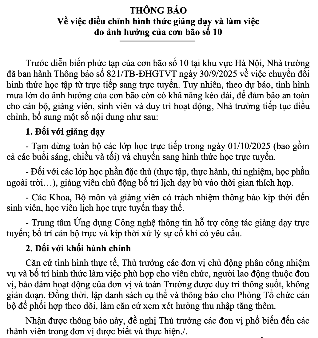 Thông báo về việc điều chỉnh hình thức dạy và làm việc do ảnh hưởng của cơn bão số 10